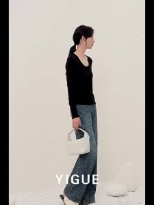 Yigue | Mid High Waist Loose Straight Large Pocket Womens Denim Trousers