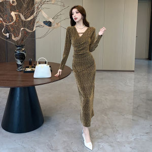 Elegant Long Sleeve V-Neck Midi Dress Shiny Thread Slimming Womens Fashionable Autumn New Chic Ladylike Style Commute Dress