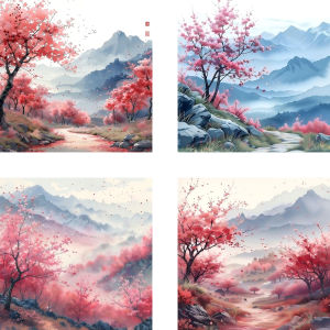 HUACAN 4PCS Mountain Paint By Number Landscape Pictures On Canvas Cherry Blossom 5D Diy Home Decor