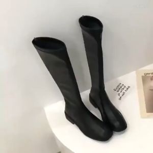 Size 35-40 Womens Fashion Leather Shoes Black Knee High Boots Thick Heeled Knight Boots(Add 1 size)
