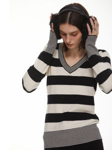 SOLWEIGE | SOLWEIGE 48 Pieces Wool Blend Slim Fit V Neck Striped Base Layer Sweater Minimalist Fashion Design Commute Style Long Sleeve