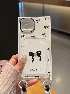 3D Paste White Pearl Black Bow Card Case Phone Case for iPhone 11 12 13 14 15 16 Pro Max Plus TPU soft cover with hanging rope for iPhone15Promax case