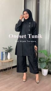 Setelan Tunik Wanita Terbaru Oneset Tunik Dan Celana Set Hijab Bahan Linen Baju Muslimah Kekinian