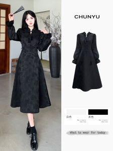 Elegant Black Chinese Style Midi Dress with Button Detail plus Size Slimming High Quality Womens Fashion Autumn New Arrival