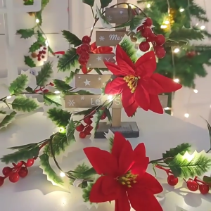 【Ready Stock】2M Artificial Holly Leaf Vine Red Berries Christmas Rattan DIY Garland Wreath Xmas Tree Hanging Ornaments Home Decoration