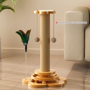 Wooden Cat Scratch Play Toy Cat Tree Cat Teaser Sisal Scratcher Turntable Claw Grinder Column Wear-resistant Pet Toys Supplies 猫玩具