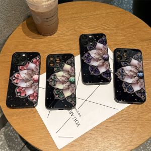 【New】Self-contained Lens Film Metallic Paint Diamond Flower Pattern Tempered Glass+TPU Phone Case For iPhone 11 12 13 14 15 16 Series