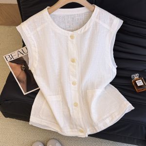 เสื้อกั๊กผ้าฝ้ายลินินสีขาวแขนกุดสำหรับผู้หญิงในช่วงฤดูร้อน ทรงหลวม น้ำหนักเบา ทรงหลวม คอกลม กระดุมเดียว
