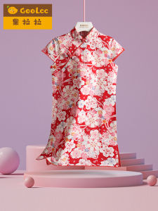 Girls Summer New Style Short Sleeve Cheongsam Dress Cotton Floral Print Childrens Traditional Chinese Costume Short Dress