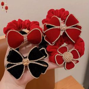 Red Velvet Hair Ties for Girls Butterfly Knot New Years Hair Accessories Childrens Fashion Jewelry Fresh Outlined