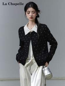 La Chapelle | Polo Collar Black Polka Dot Two-Piece Style Knit Sweater Cardigan Laid-Back Short Style Womens