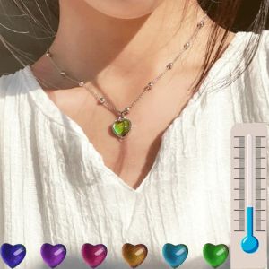Thermochromic Mood Monitor Heart Pendant Necklace Color Change As Emperature Women Girls Clavicle Chain Necklaces Lover Jewelry