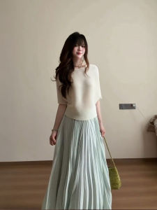 XUECAIQI | Summer Elegant Style French Two-piece Set Short-sleeve Blouse High-waisted Pleated Skirt