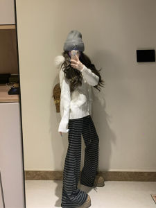 Retro Korean Design Striped Wide Leg Casual Pants Womens Spring Autumn Sweet Cool Style Drapey Floor-Length Straight Leg Trousers