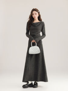 RUXU Spring Autumn Womens Pure Color Long Sleeve Neckless Asymmetrical Top with Matching Skirt Two-Piece Set Fashionable Ensemble
