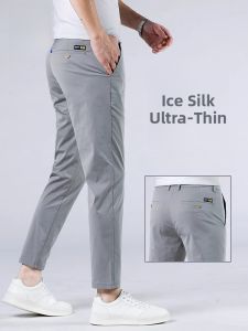 ROMON | Lormen Ice Silk Slim Fit Straight Leg Pants Mens Summer Business Casual Thin Fashionable Cuffed Long Trousers