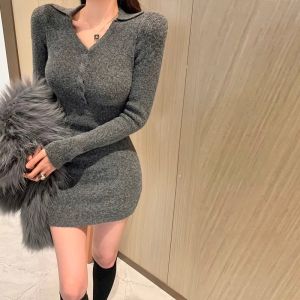 Red Knitted Long Sleeve Dress Womens Slim Fit Short Skirt High Waist Button Style Commute Korean Version New Years Outfit