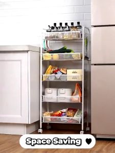 3 4 5 Tier Trolley Rack with Wheel Multipurpose Storage Rack Carbon Steel Kitchen Bathroom Organizer Removable Drain Basket Space Savers