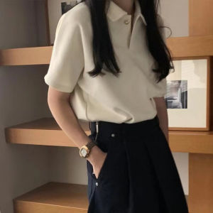 Stylish Shoulder Polo Collar White Short Sleeve T-Shirt Womens Summer Wear Casual Simple Korean Style Flab Hiding Half Sleeve Tops Fashion
