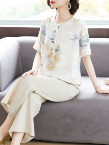 Fashionable Summer Short Sleeve Embroidered Tunic Top And Pants Set for Middle-Aged Women Polyester Fiber Loose Fit Style