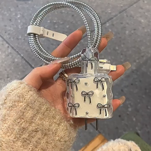 5PCS Set Data Cable Protection SleeveCharger Protection Sleeve For iPhone 18W/20W Fast Charger Cable Cover Phone Cord Protector for iPad/Airpods Soft Silicone Case Cover Silver Pearl Bow Charger case For 16 Pro Max