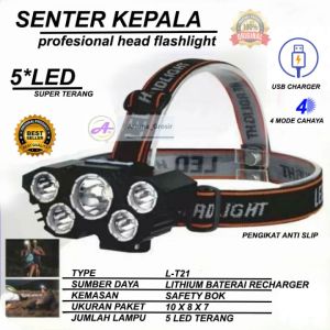 SENTER KEPALA SUPER TERANG 5 LED USB RECHARGER