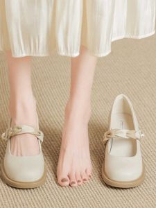 New 2024 Mary Jane Shoes Womens Chinese Style Cheongsam High Heel Mini Leather Shoes for Skirts Slip-On Fashionable round Toe