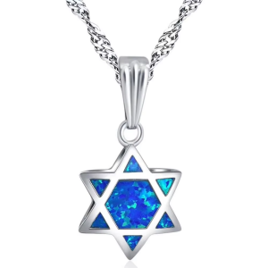 Interesting Double Side Judaica Jewish Star of David Chai Hebrew Blue & White Fire Opal Pendant Necklace Jewelry for Gift