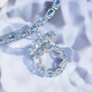 Romantic 14K White Gold Lab Aquamarine Diamond Jewelry Set: Engagement Wedding Earrings & Necklace