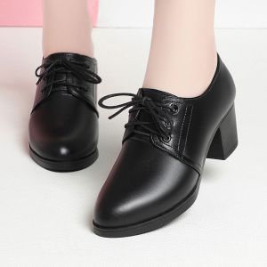 Giày Oxford Nữ Kiểu Anh Màu Đen Dây Buộc Gót Cao Chunky Mũi Nhọn Thanh Lịch Chất Liệu Da PU Giày Công Sở.