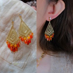 Original Gypsy Floral Carving Bohemian Style Natural Stone Tassel Earrings Handmade Fashion Jewelry Womens Earring Set