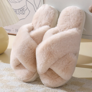 Womens Home Indoor Crossband Plush Slippers Rabbit Fur Cotton Slippers Anti-Slip Rubber Sole Simple Style Slip-On Shoes