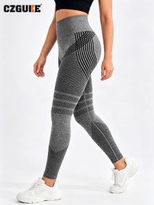 CZGUKE-Seamless Fitness Tight Pants for Women High Waist Wave Striped Mesh Texture Hip Lift Elastic Yoga Gym Running Pants