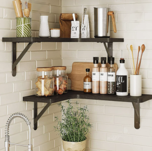 L-Shaped Floating Corner Wall Shelf Paulownia Wood Bathroom Kitchen Versatile Storage Rack 41x29x1.5