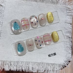 Handmade Wearable Nail Art Ice Pear Transparent Cute White Customizable False Nails Blue Series Cosmetic Tools for Any Skin Type