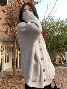 Preppy Style Niche Style Soft Glutinous Retro Gray Sweater Cardigan Coat Female Autumn and Winter Loose and Lazy Style Casual Easiest for Match