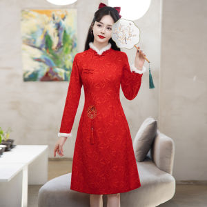 Winter Thickened Fleece Lined New Chinese Style Cheongsam Wedding Dress Red Bridegroom Ceremony Outerwear Return Home Clothes