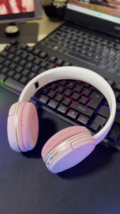 Headphone Wireless Bluetooth AT-TW153 Pink Headset Music 9D Hifi Foldable Makaron Original