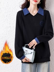 September Ink Field plus Size Patchwork Collar Thickened Fleece Long Sleeve Sweatshirt Stylish Winter Casual Loose Fit Top