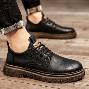 Mens round Toe Leather Shoes Black Soft Bottom Retro Martin Style Casual Work Boots Autumn Business Formal British Leisure Commuting Heightening