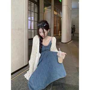 Hong Kong Style Denim Sling Dress Suit Womens Summer French Style Temperament Tight Waist Slimming Cardigan Long Dress Two-piece Set Tide