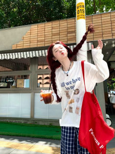 Korean Style Womens Summer Outfit Pure Cotton Long Sleeve T-Shirt Plaid Pants Two-Piece Set Casual Sportswear round Neck