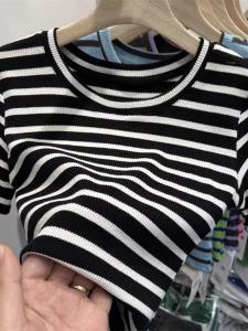 NUANKONG | Slim Fitting High Waist Short Womens Top Color Stripe Ice Silk Knit