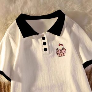 Japanese Style Pure Cotton Short Sleeve Polo Shirt Womens Kitty Cat Loose Top High School Fashion Summer New Arrival