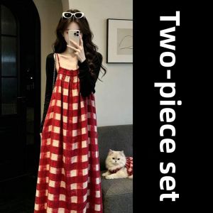 PEIZIXUAN | French Attractive Red Check Halter Dress