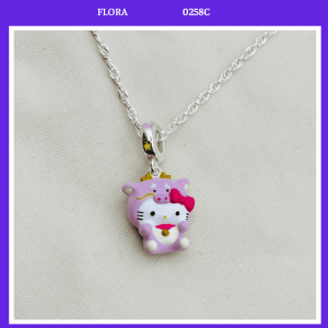 FLORA 0258C - [Có bán lẻ] Dây chuyền bạc mặt charm hình mèo Hello Kitty màu hồng dành cho bé gái