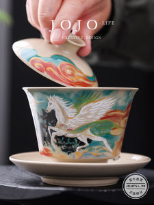 Hand-Painted Ceramic Tea Bowl with Grass Ash Design by Jojos L.P.D Vintage Style Home Use Cover Bowl for Tea Ceremony