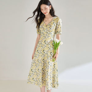 Mo | Summer 2025 French Style Fresh Floral Print V-Neck Short Sleeve High Waist A-Line Midi Dress Tea Break Skirt Soft Cotton Casual