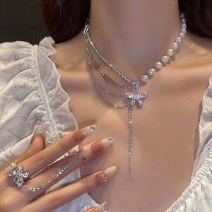 korean necklace for women butterfly ring pawnable Necklace pearl set jewelry for women jewelry Set for evening party wedding accesories rhinestones shiny crystal necklaces aesthetic stainless steel necklace silver necklace gifts for Women Fashion Pendants