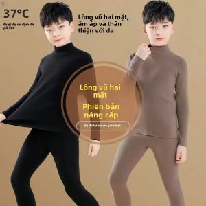 Bộ Đồ Giữ Nhiệt Hai Mặt Bằng Nhung Cho Bé Trai Cổ Cao Chất Liệu Polyester Mặc Mùa Thu Dài Tay Lớp Lót Bên Trong